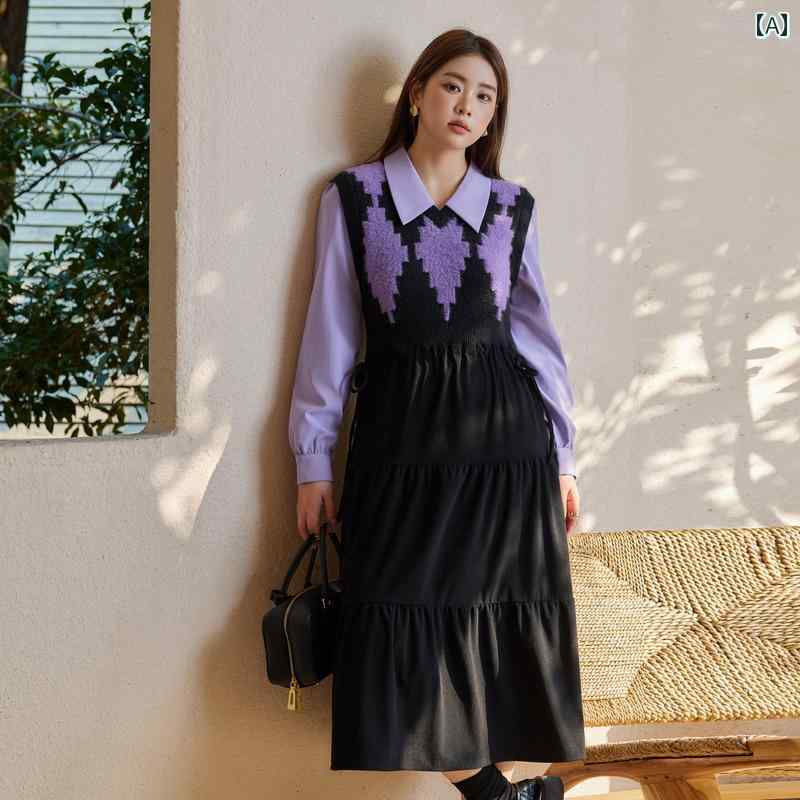 レディース ぽっちゃり 大きめサイズ 婦人服 ワンピース ドレス 長袖 フェイクセットアップ ニット 冬 ウエストカバー カジュアル