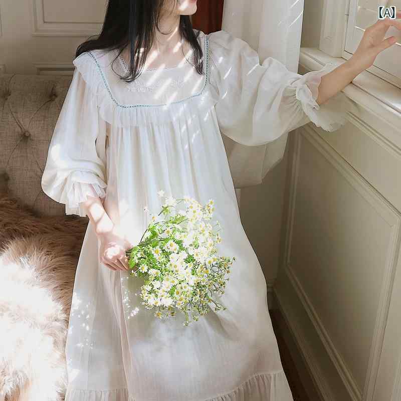 ナイトウェア オールシーズン フランス ロマンチック プリンセス ネグリジェ 刺繍 レース 綿 ガーゼ エ..