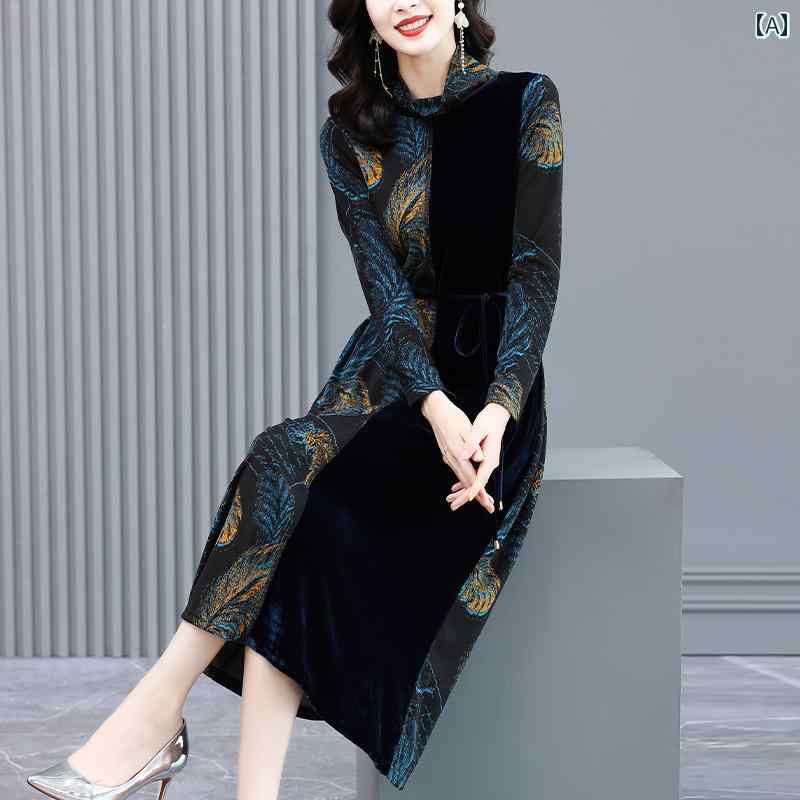 レディース レディース ドレス ワンピース フレア 秋 ドレス ビーズ フェイク起毛 ウール ミモレ丈スカート おしゃれ エレガント 上品 パーティ ディナー 二次会 同窓会 ハーフハイネック ループベルト リーフフェザー柄 青 再生セルロース