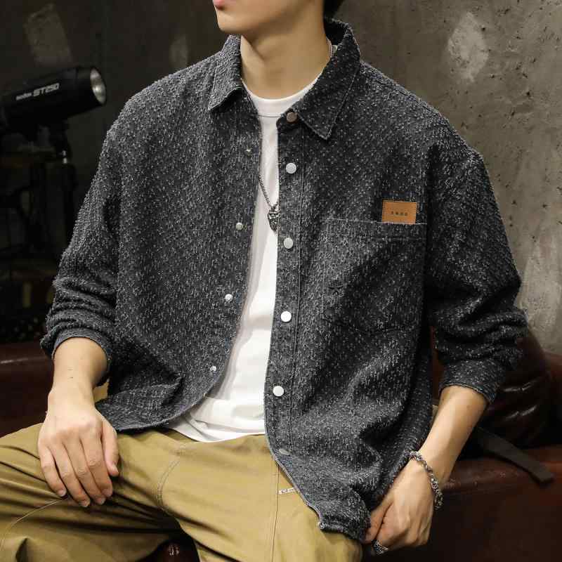 メンズ 長袖 シャツ 春秋 トップス ジャケット アウターウェア アメリカン レトロ チェック 襟 前開きボタン ポケット ワッペン装飾 カジュアル レジャー 布バッチ装飾 豪華感 綿混紡 再生セルロース繊維 ワークシャツ