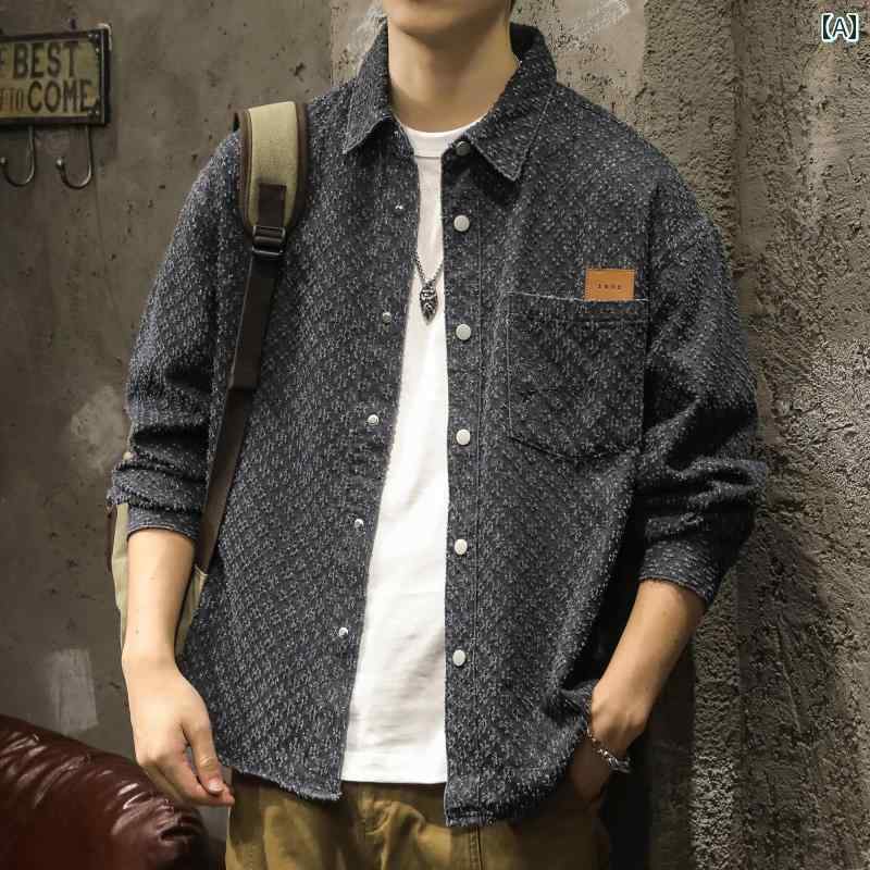 メンズ 長袖 シャツ 春秋 トップス ジャケット アウターウェア アメリカン レトロ チェック 襟 前開きボタン ポケット ワッペン装飾 カジュアル レジャー 布バッチ装飾 豪華感 綿混紡 再生セルロース繊維 ワークシャツ