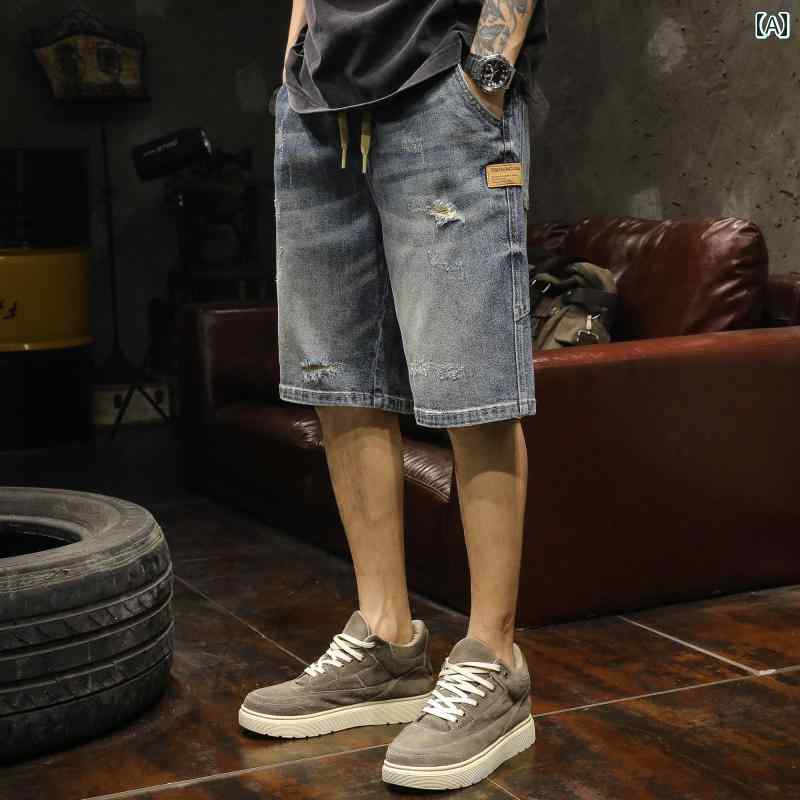 メンズ メンズ ショートパンツ ボトムス 夏 アメリカン レトロ デニム ウォッシュド 破れ加工 ユーズド..