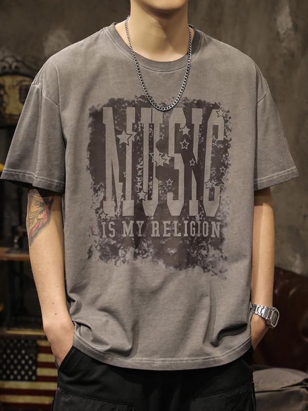 メンズ 半袖 Tシャツ 夏 トップス レトロ フロントプリント 手染め テキスト英文字 MUSIC ラウンドネッ..