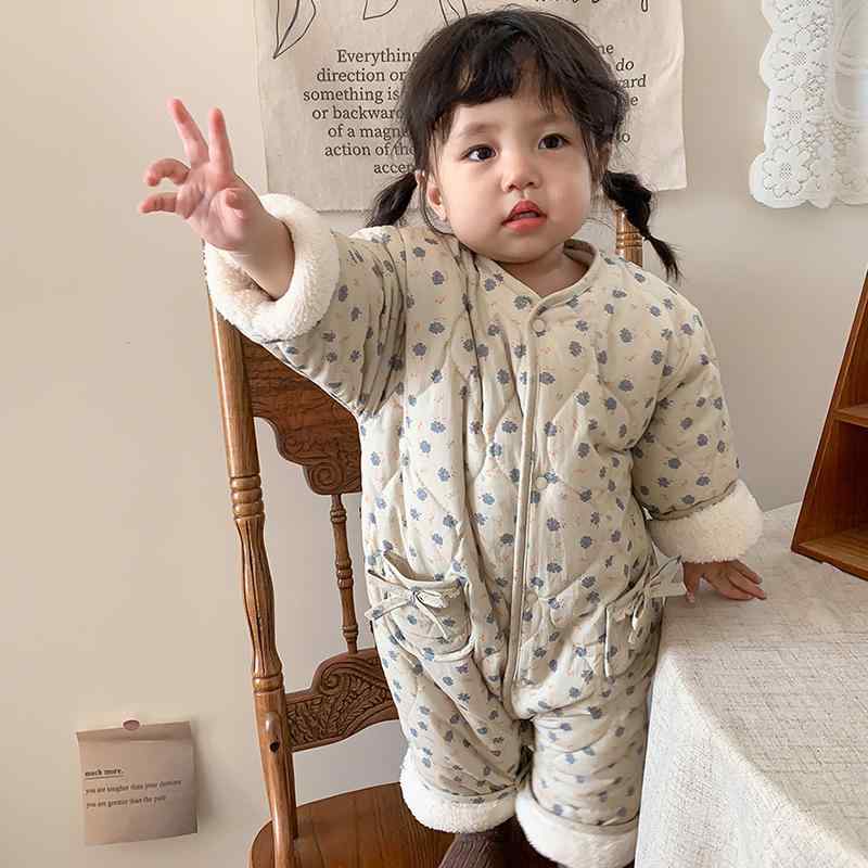 カバーオール ベビー キッズ 防寒 ロンパース かわいい 冬 韓国 起毛 厚手 暖かい ジャンプスーツ 女の子 花柄 ワンピース アウターウェア