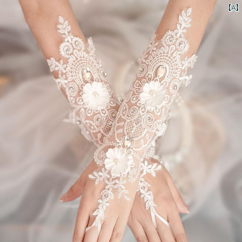 ブライダル ウェディングドレス グローブ ロング レース フラワー リボン 手袋 結婚式 パーティー ホワ..