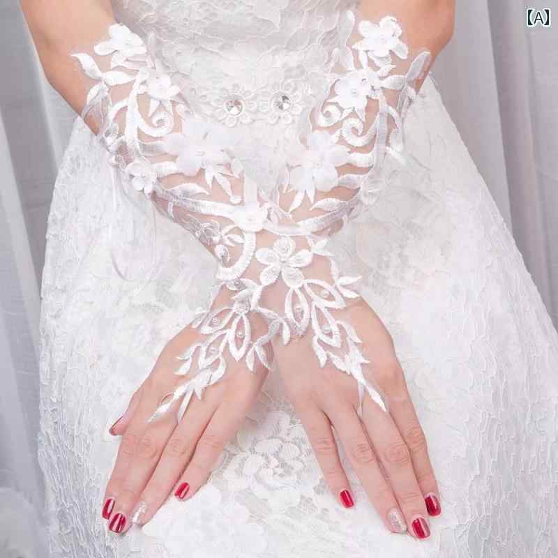 ウェディングドレス グローブ ブライダル ハーフ ロング グローブ レース フラワー パール ドット リボ..