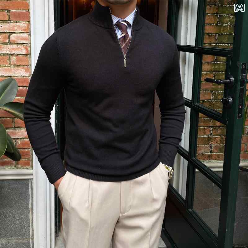 Men's Fashion Tops Autumn/Winter Italian Style Gentleman's Clothing Stand Collar Zipper Knit Long Sleeve Sweater British Style Slim Pullover Sweater Men's