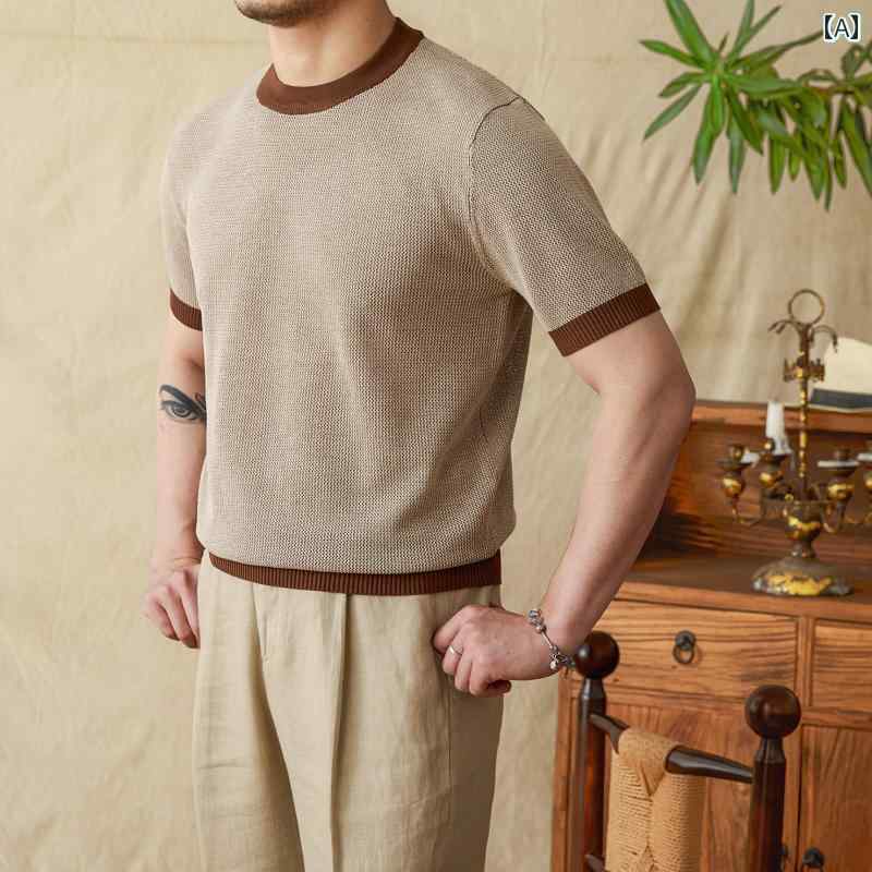 メンズ ファッション トップス 夏 コントラス ブライト 豪華 Tシャツ カジュアル セーター ラウンドネ..