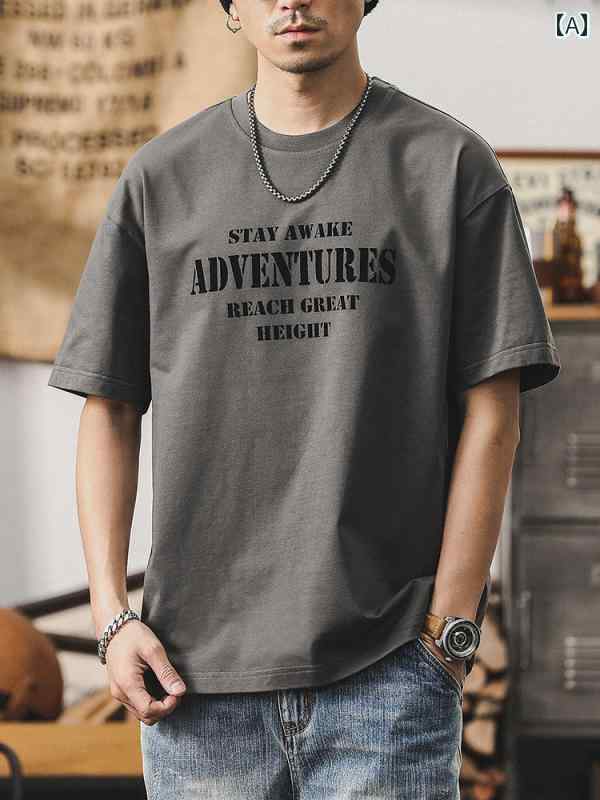Rakuten - メンズ 半袖 Tシャツ トップス 夏 アメリカン フロント英文字プリント 通気性 綿 コットン カジュアル レジャー