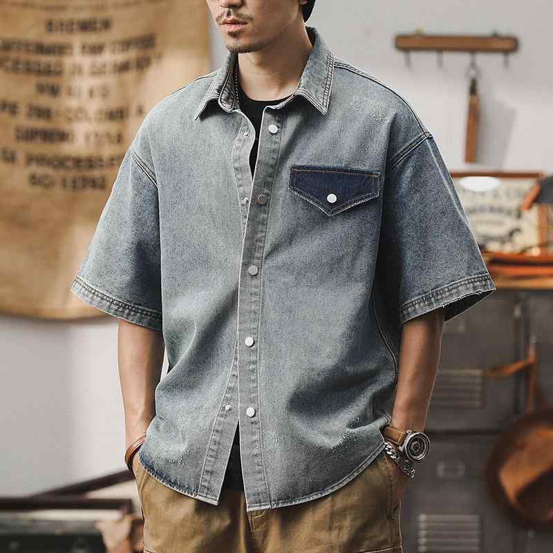 Denim Shirt - メンズ ファッショントップス シャツ カットソー デニム 半袖 薄手 おしゃれ 普段使い アメカジ レトロ アウトドア スポーツ ワーク カジュアル メンズ 夏