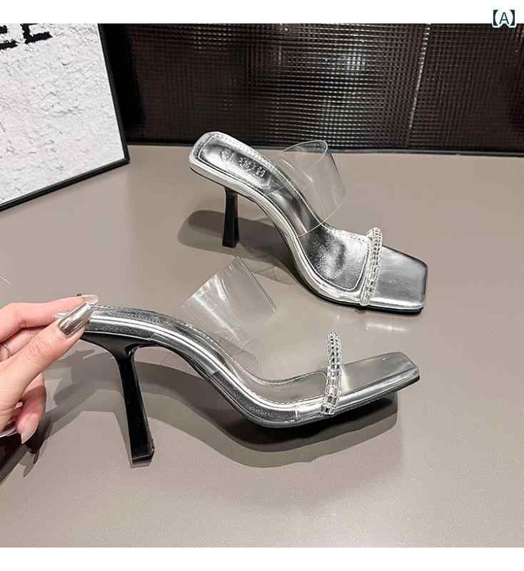 レディース ラインストーン ハイヒール サンダル キャバ ヒール 美脚 セクシー おしゃれ 婦人靴 ワンワード スリッパ 透明 スティレット(4)