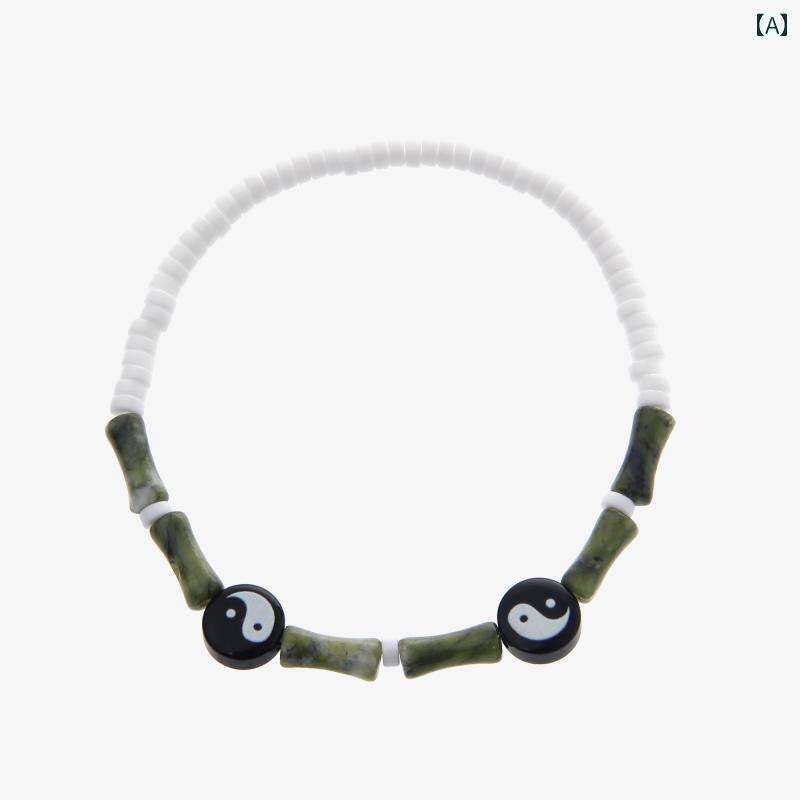 ブレスレット 太極拳 グリーン 翡翠 ステッチ アメリカン レトロ ストリート 弾性 ロープ 男性用