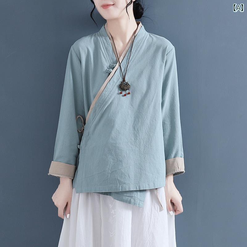 レディース トップス レトロ レディース 中華風 フェイク セットアップ 斜め ボタン ダウン シャツ 綿 リネン ティー ウェア 長袖 レースアップ