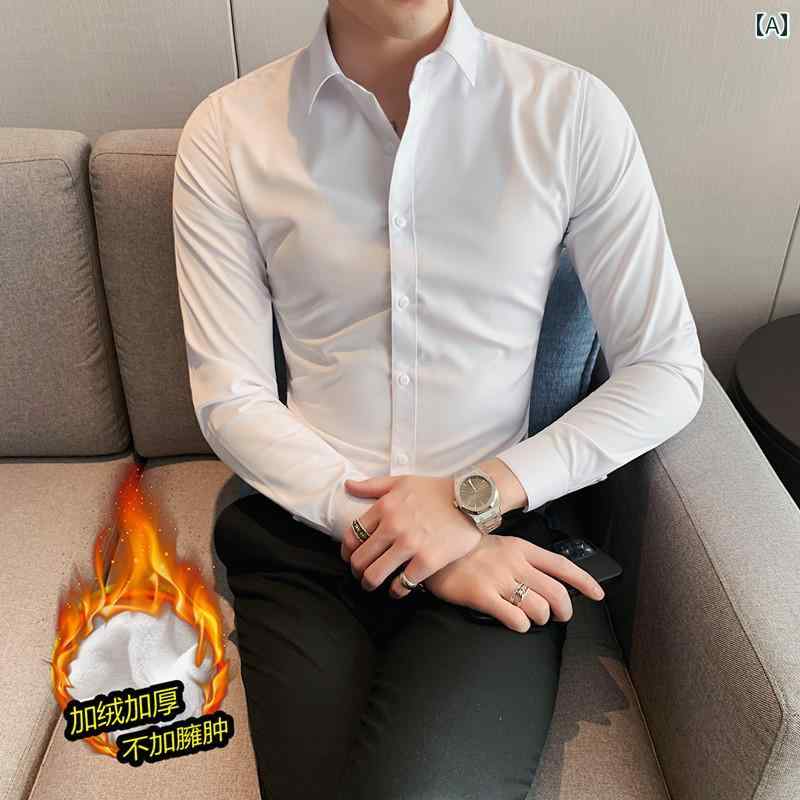 メンズ 冬 ベルベット 白 シャツ 長袖 スリム ビジネス フォーマル 結婚式 花婿 付添人 厚く 暖かい インチ