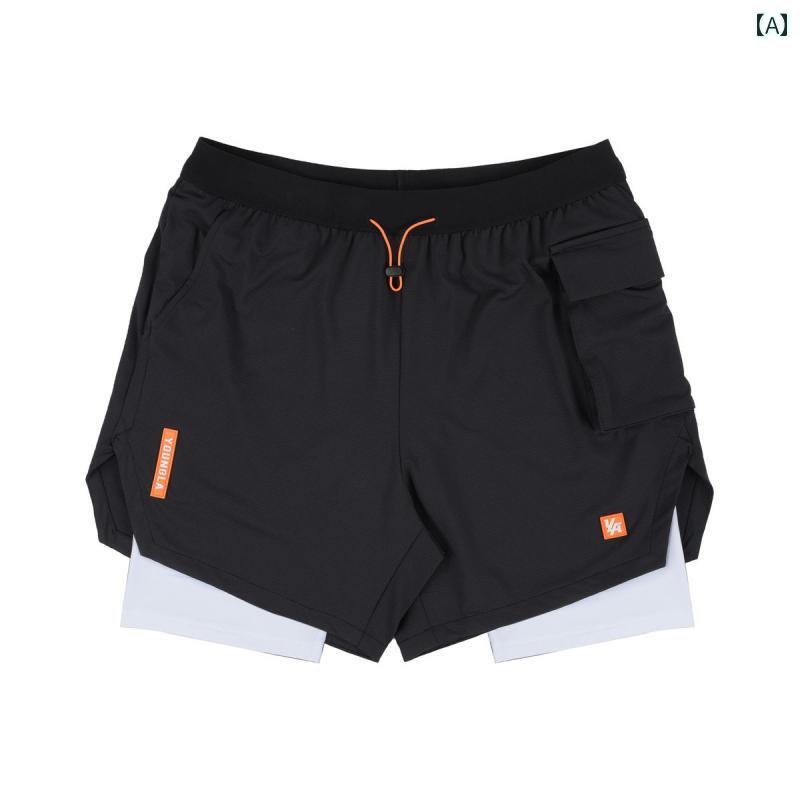 メンズ パンツ フェイク ツーピース ジム スウェット 五分丈 ツー イン ワン ショーツ スリムフィット 露出 防止 スクワット トレーニング 速乾 通気性