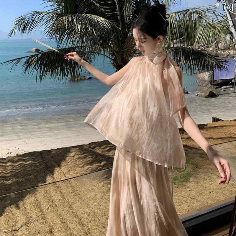 レディース 夏 ファッション ビーチ スカート 海辺 休暇 スーツ 女性 中華風 レトロ 絞り染め ホルター エレガント ツーピース セット