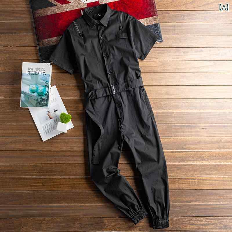 つぎ マルチ ポケット オーバー オール メンズ レギンス 夏 オールインワン 半袖 ブラック カジュアル