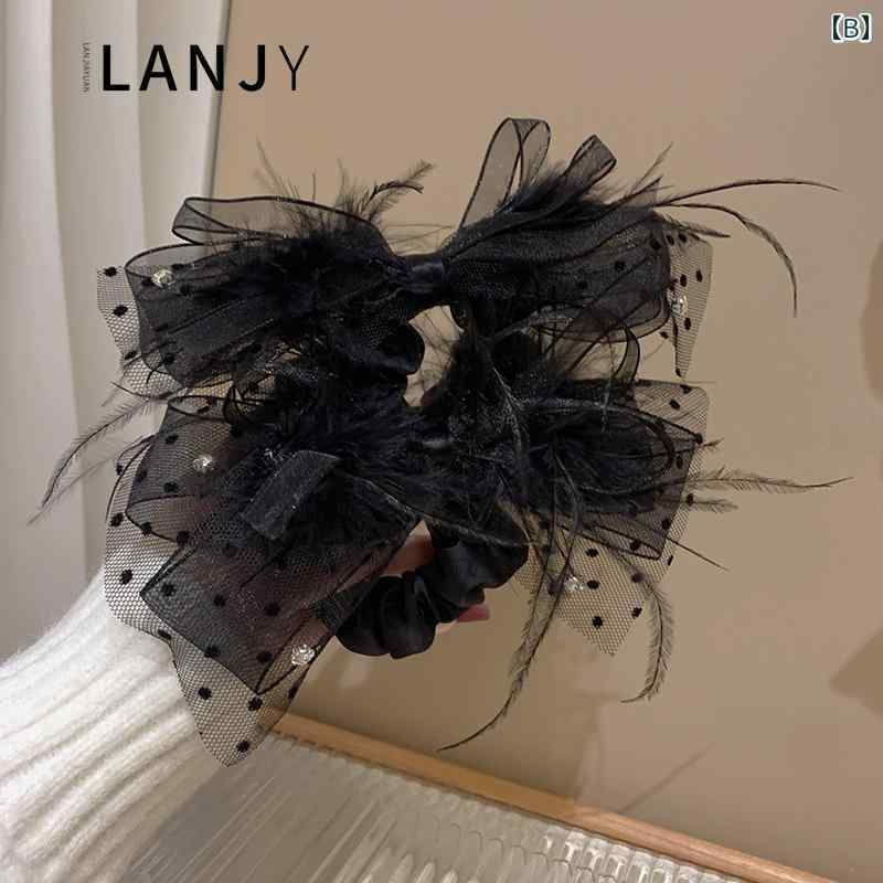 セキュアデポのレース ヘアクリップ バレッタ グリッパー 水玉 リボン フェザー 羽 ブラック ヘアアクセサリー 豪華 メッシュ 透け感 豪華感 小顔効果 韓国 おしゃれ 快適アイテム｜アングル2