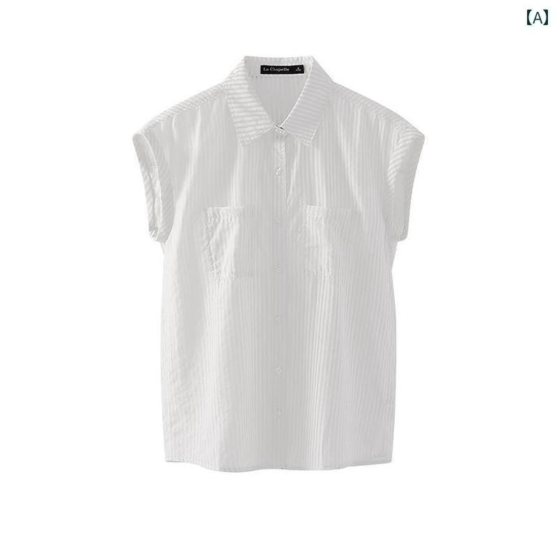 Sleeveless - シャツ レディース トップス シンプル 夏 半袖 ストライプ シングルブレスト ボタン カジュアル ノースリーブ 通気性 ファッション 通勤