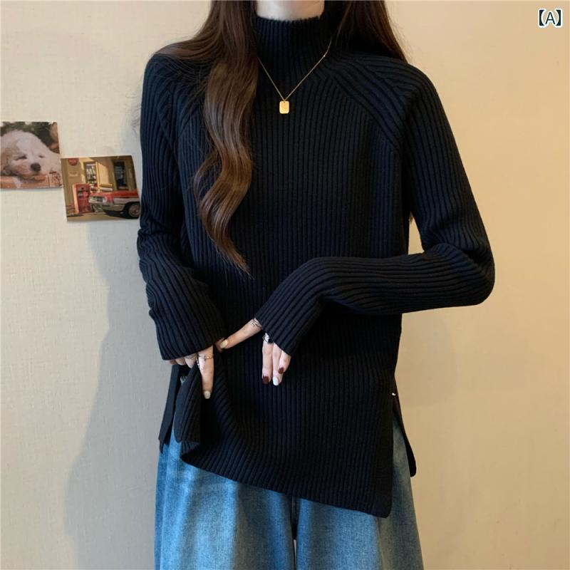 Rakuten - レディース ファッション トップス シャツ ニットレイヤリング セーター 秋冬 女の子 大きめサイズ インナー ハーフタートルネック 厚手 ゆったり スリット