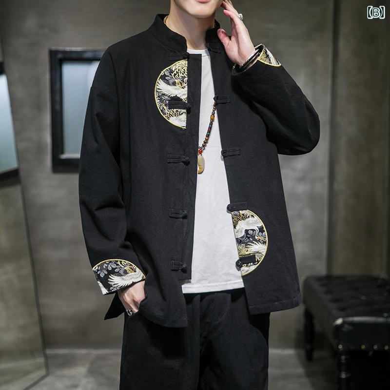 カンフー ジャケット かっこいい 春秋 チャイナ風 メンズ 漢服 レトロ フェアリー ローブ レトロ 中国 唐 ジャケット リネン 長袖 秋