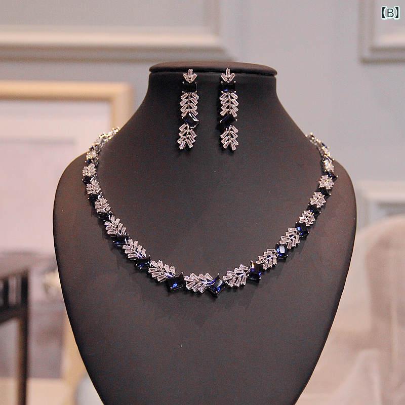 セキュアデポのブライダル 韓国 ネックレス ピアス セット アクセサリー ウェディング ドレスアップ グリーン ストーン 緑葉 豪華感 重厚感 イブニングドレス パーティー｜アングル2