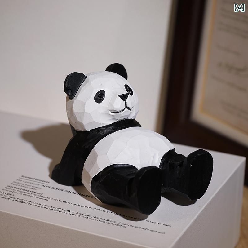 木彫り ジャイアントパンダ 携帯電話 ホルダー かわいい 動物 デスクトップ 装飾 ギフト インテリア スマホスタンド