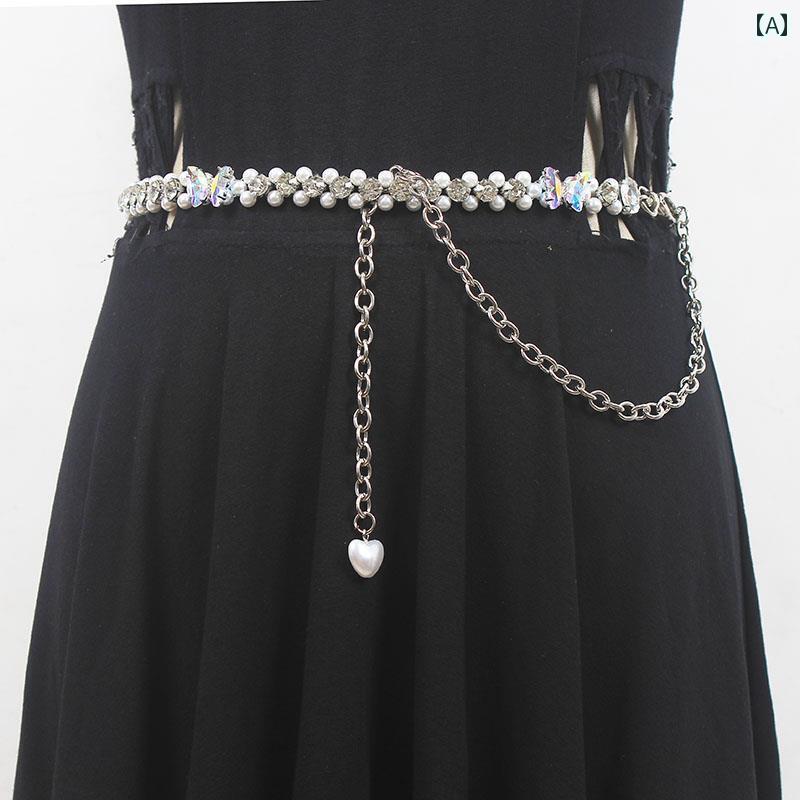 ベルト ウエストチェーン レディース パール シルバー ドレスアップ ハート 調節可能 ドレス ファッション コーディネート 豪華感 上品 パーティー エレガント 大人 スリム