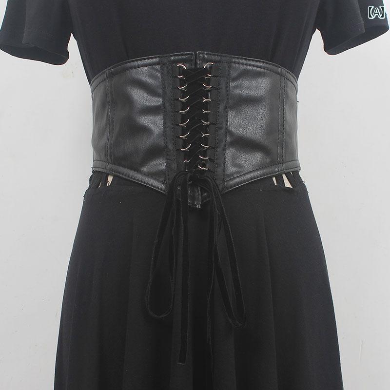 レディース ファッション ベルト ワイド ガードル レトロ パンク ブラック シンプル ウエストゴム アクセサリー(4.0)