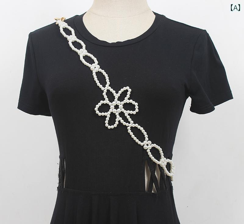 チェーンベルト おしゃれ パール フラワー ストラップ 花びら ベルト チェーン クロス ボディ ビーズ ウエスト レディース フェミニン ファッション(4.0)