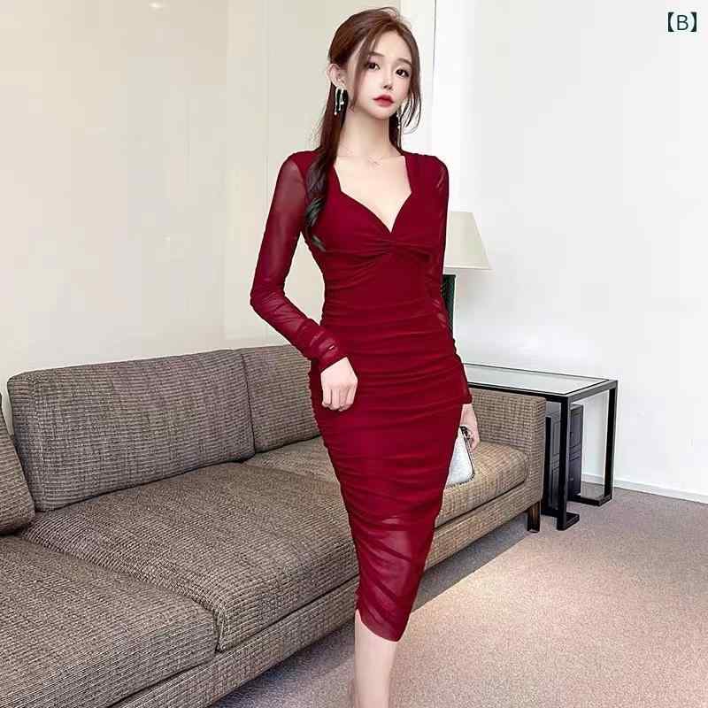 キャバドレス んめっく ハイウエスト ヒップスカート 秋 ミモレ丈スカート メッシュ キャバ 長袖 ヒップハグドレス