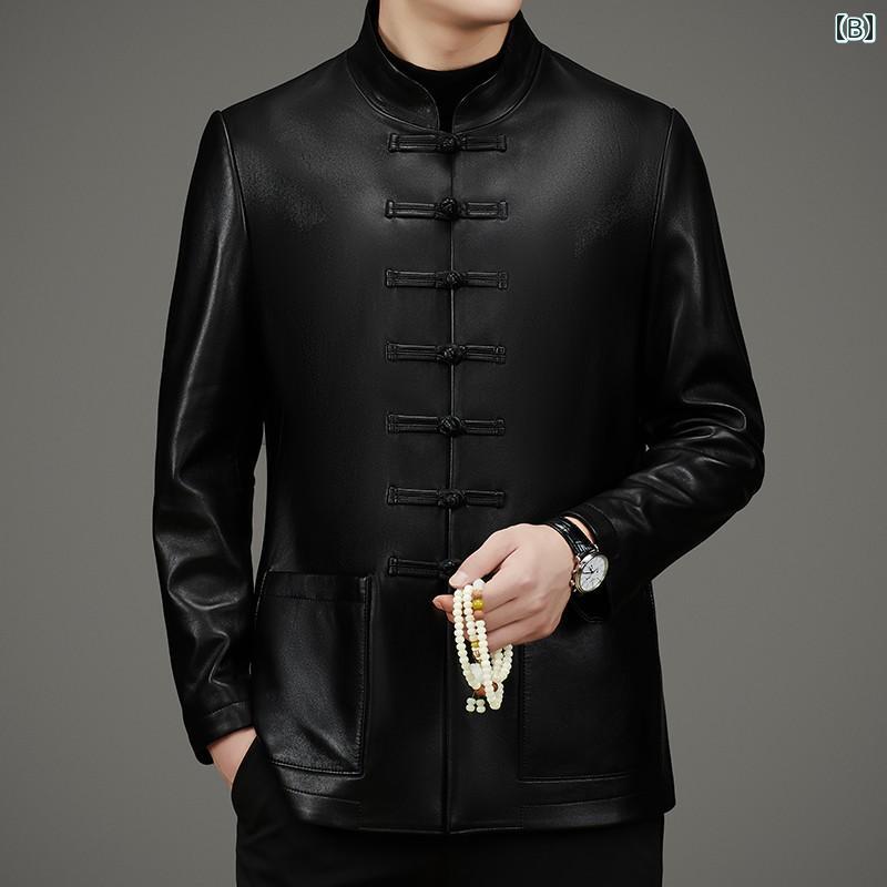 ジャケット メンズ 唐 スーツ 革 シープスキン 中華風 ドラゴン パターン レトロ スタンドカラー 中華風 ディスク ボタン 紳士服