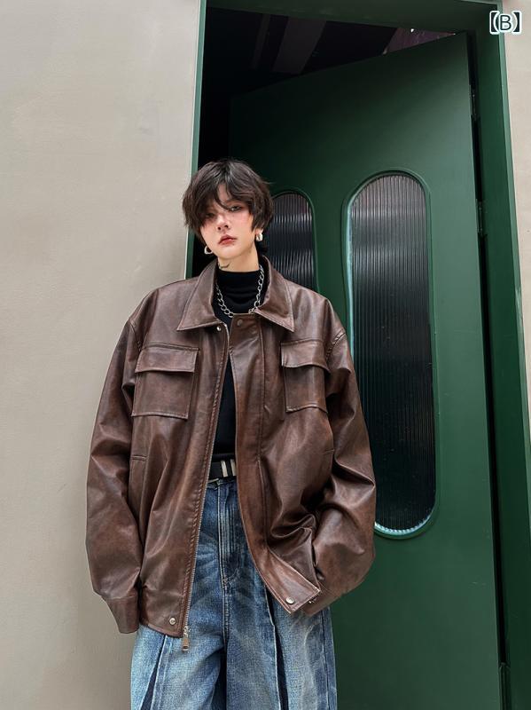 ジャケット メンズ かっこいい メイラード ウェア レトロ ニュートラル PU レザー 作業着 オートバイ トップス