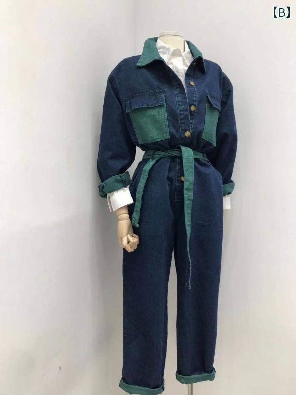 セキュアデポのパンツ オーバーオール つぎ レディース カジュアル おしゃれ 作業着 レトロ 両面 デニム ウエスト ジャンプ スーツ 九分丈｜アングル3