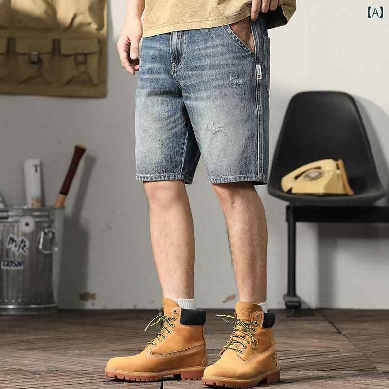 パンツ デニムパンツ メンズ デニム ショート 夏 薄手 ミッド アメリカン レトロ ハイエンド ウォッシュ スリークォーター