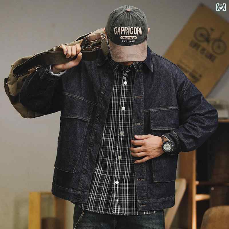Jumper, Blouson - 大きめサイズ デニムジャケット メンズ メンズ 春秋冬 レトロ アメリカン カジュアル 上着 アウター ブルゾン ポケット