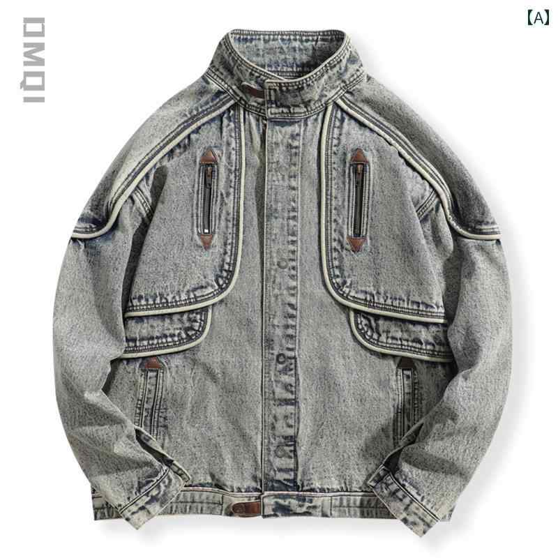 Coach Jackets - 大きめサイズ デニムジャケット メンズ メンズ 春秋 ウォッシュド レトロ ワークウェア 上着 アウター ブルゾン アメカジ ポケット