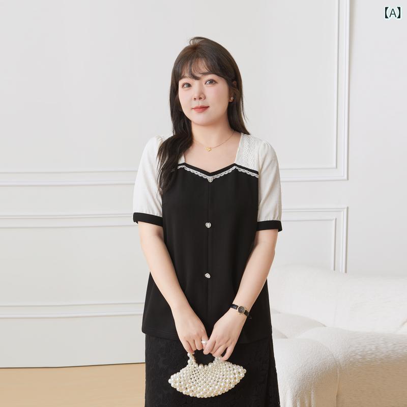 Short Sleeves - ぽっちゃり 女の子 シャツ ブラウス 半袖 夏 大きめサイズ パフスリーブ カジュアル 通勤 通学 レジャー ショッピング ホームウェア トップス レディース