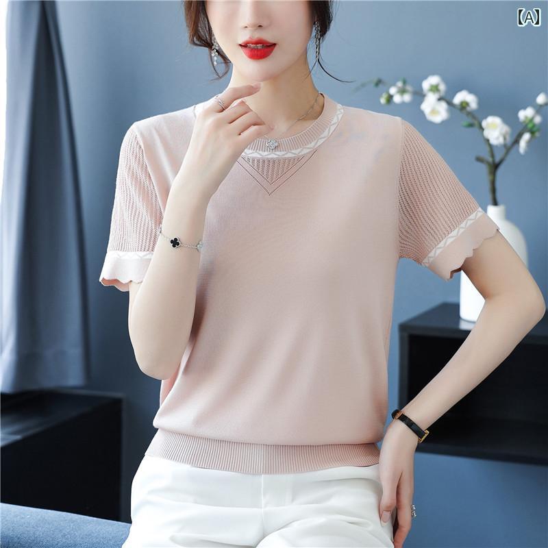 ママ トップス 夏 ひんやり 涼しい 快適 半袖 Tシャツ レディース 薄手 無地 通勤 ゆったり レディース パープル アプリコットピンク(4.0)