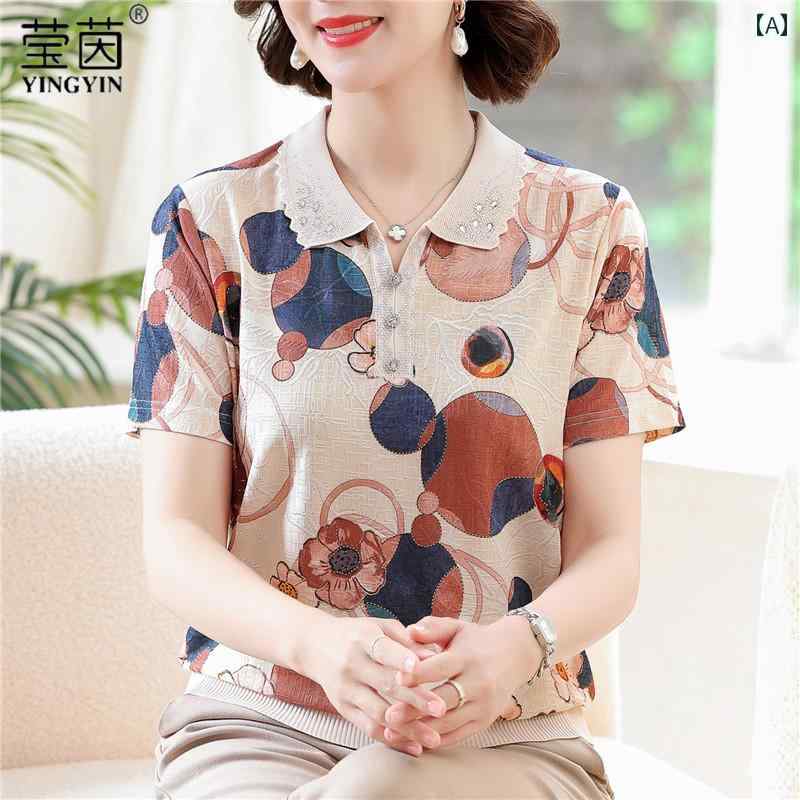 ママ 夏 シフォン ひんやり 涼しい 快適 半袖 トップス レディース 薄手 Tシャツ 通気性 ゆったり ブラウス レディース 柄