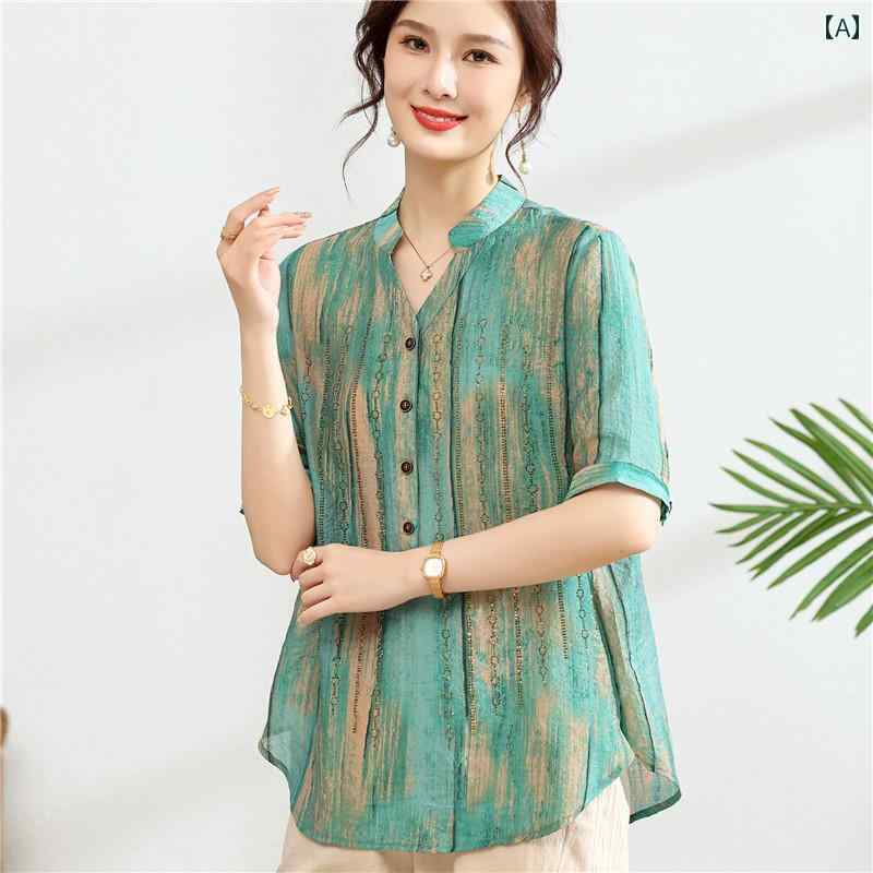 ママ 夏 シャツ レディース トップス レディース Vネック 大きめサイズ ゆったり ボタン