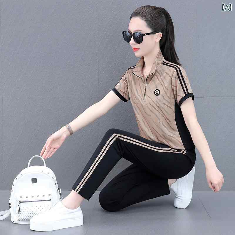 スポーツウェア セットアップ 夏 ひんやり 涼しい 快適 半袖 Tシャツ レディース 小柄メンズ 上下 セット ロングパンツ レディース スタンドカラー 吸湿 発散性 通気性 アウトドア