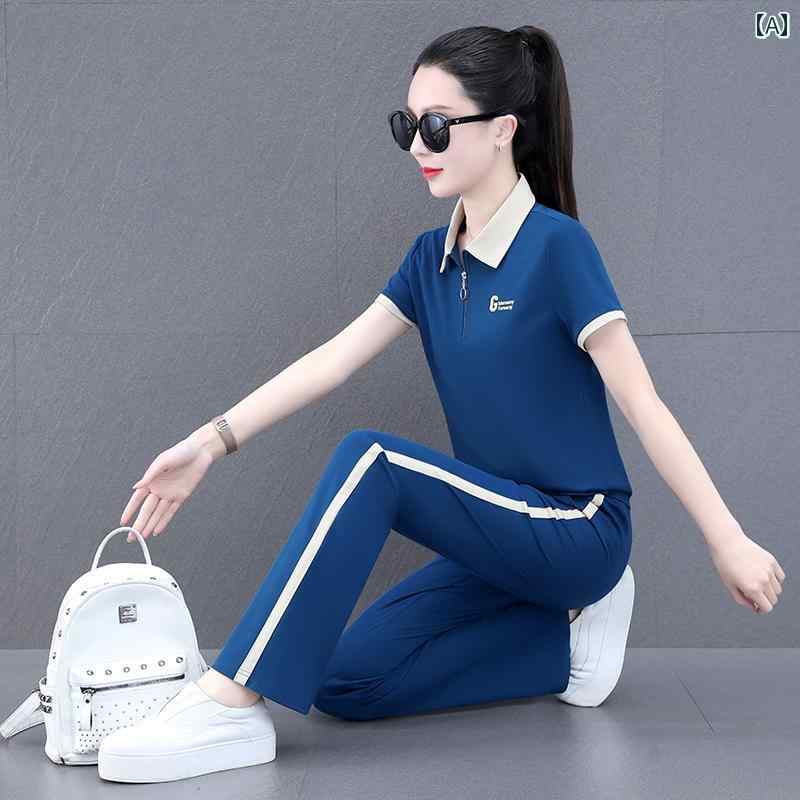 スポーツウェア セットアップ ママ レディース 夏 ひんやり 涼しい 快適 薄手 半袖 ポロシャツ ロングパンツ上下 セット レディース 吸湿 発散性 通気性 アウトドア レジャー