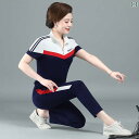 お母さん スポーツウェア セットアップ 夏 半袖 ポロシャツ 長ズボン ロングパンツ 上下 2点セット レディース レディース おしゃれ 通気性 ライン 大きめ...