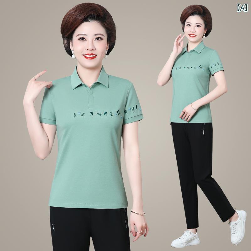 スポーツウェア セットアップ マザーズ 夏 半袖 ポロシャツ 長ズボン カジュアル レディース 大きめサイズ おしゃれ ロングパンツ 上下 2点セット