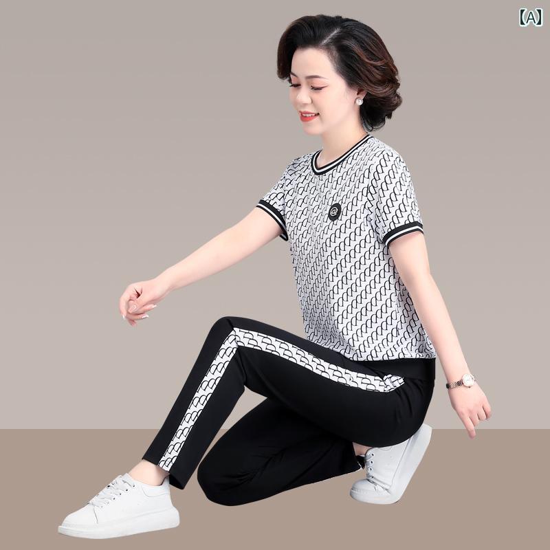 セットアップ レディース レディース シニア 夏 半袖 Tシャツ 柄 模様 スポーツ ロングパンツ ライン 上下 2点セット おしゃれ 大きめサイズ secure-depo-11053015 セキュアデポ パッケージ画像