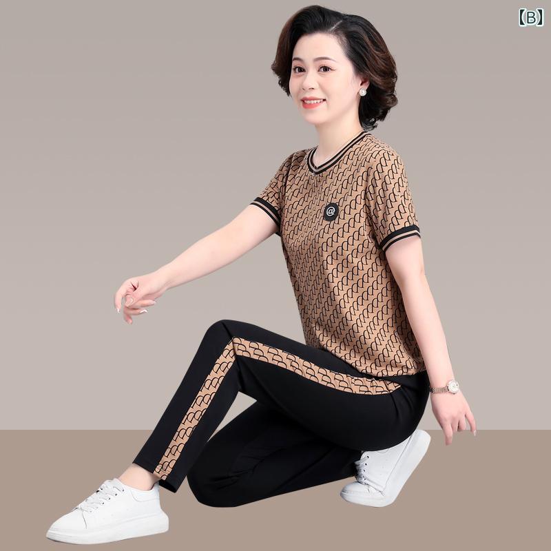 セットアップ レディース レディース シニア 夏 半袖 Tシャツ 柄 模様 スポーツ ロングパンツ ライン 上下 2点セット おしゃれ 大きめサイズ secure-depo-11053015 セキュアデポ サンプル画像2