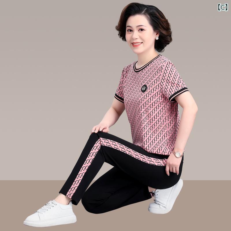 セットアップ レディース レディース シニア 夏 半袖 Tシャツ 柄 模様 スポーツ ロングパンツ ライン 上下 2点セット おしゃれ 大きめサイズ secure-depo-11053015 セキュアデポ サンプル画像3