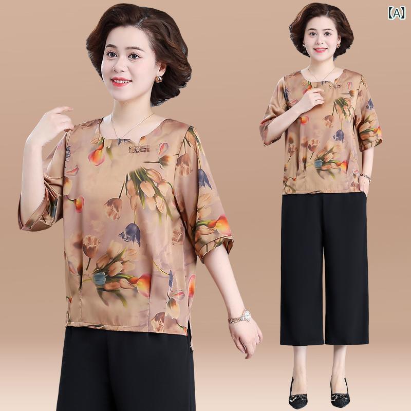 Suits For Job Interviews - セットアップ レディース レディース シニア 夏 半袖 シャツ 柄 模様 ひんやり 涼しい 快適 カジュアル ワイドパンツ 上下 2点セット おしゃれ 大きめサイズ