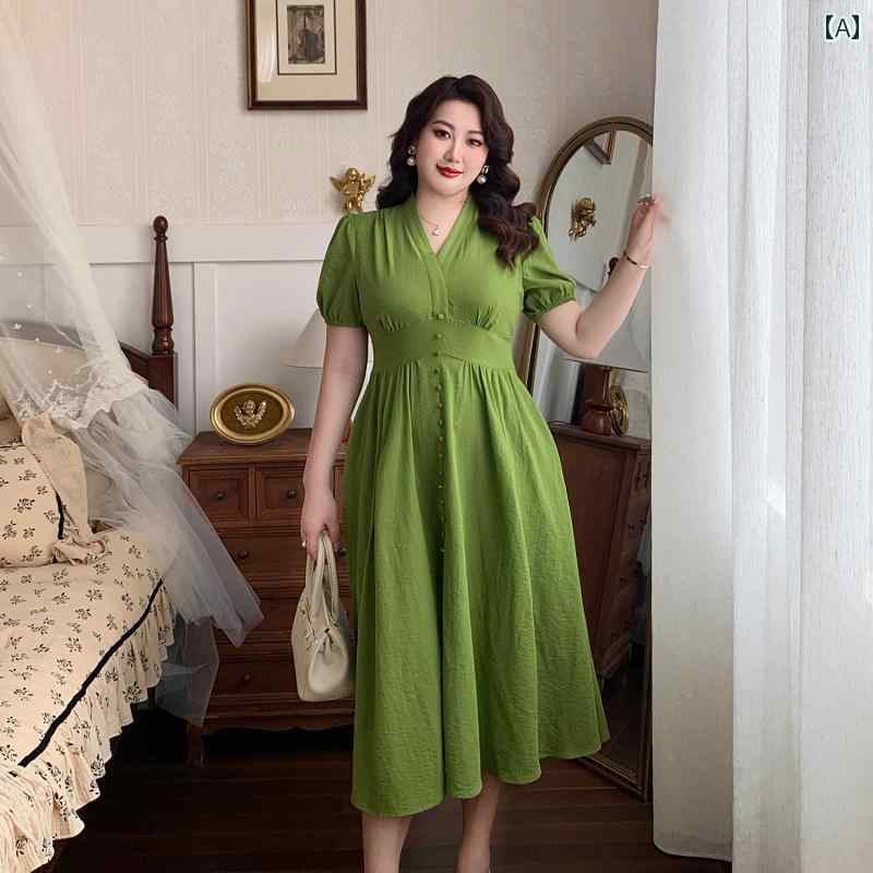 レディース ぽっちゃり エレガントドレス 大きいサイズ 夏 フランス 宮殿 ウエスト ドレス 記念日 お祝い イブニング パーティー 上品 ゆったりタイプ パフスリーブ